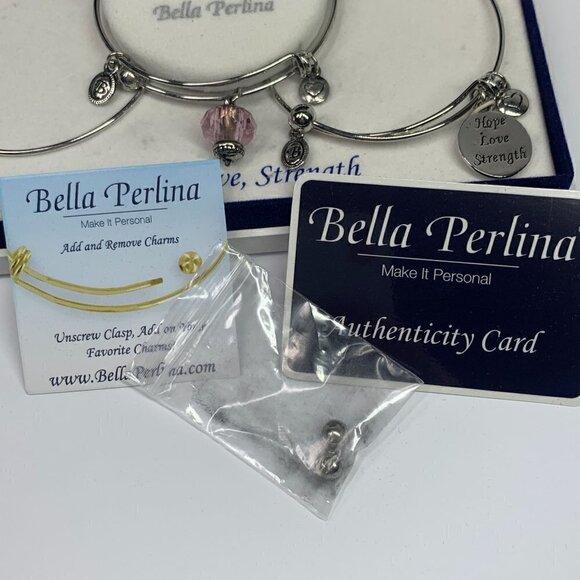 Bella Perlina Hope, Love, Strength Breast Cancer Silver Charm Bangle Trio Set - Picture 4 of 11